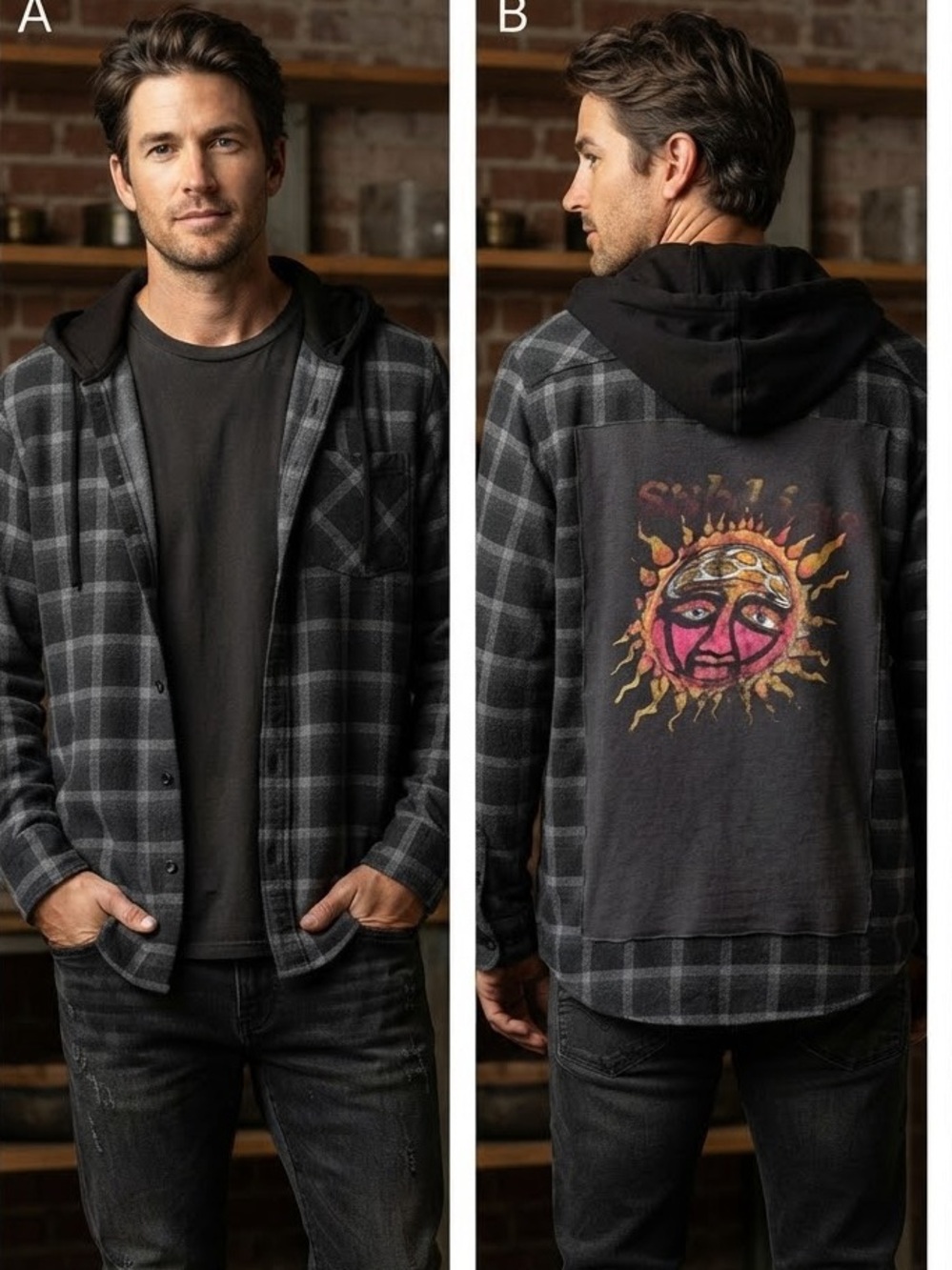 Upcycled Plaid Hooded Flannel with Sublime Graphic Tee Cotton Blend - Large